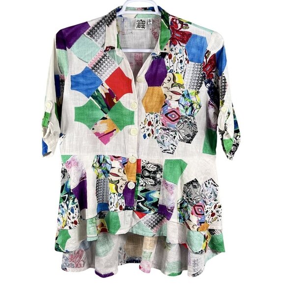 Parsley & Sage XL Bohemian Patchwork Ruffle Hi Lo Blouse Roll Tab Sleeve Artsy - Picture 7 of 16